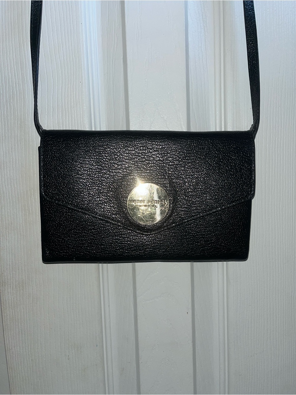 henri bendel Black Leather Crossbody with Gold Logo Medallion